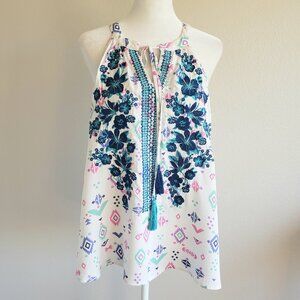 Savanna Jane Boho Tassel Top Floral Embroidered White Sleeveless Keyhole Size L